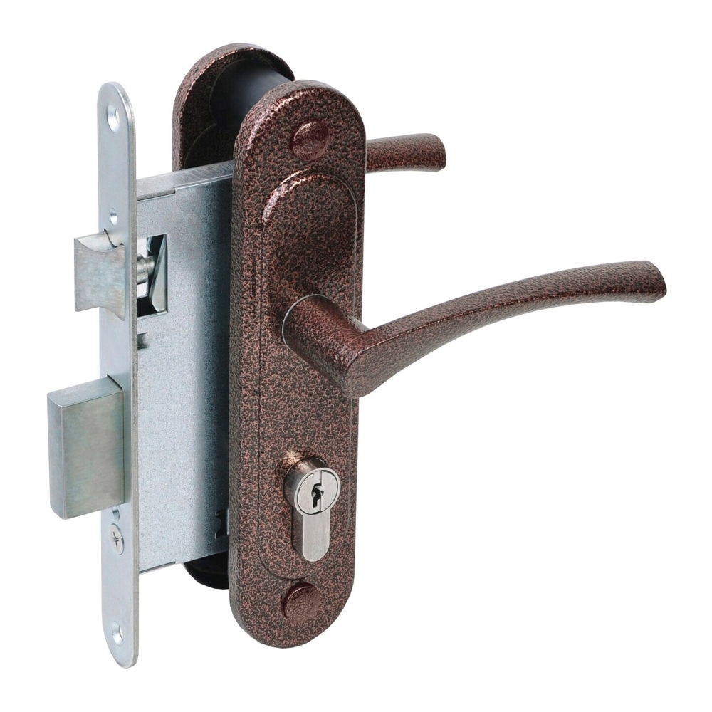 Фото Замок врезной цилиндровый с защёлкой в комплекте с ручкой ЗВ4-3/07 (медь антик), 4 кл.